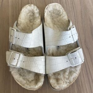 Birkenstock White Shearling-Lined Slide Sandals